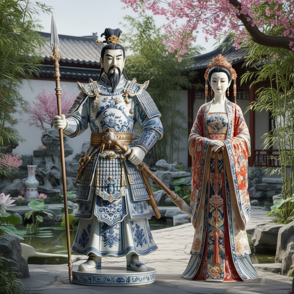 Chinese Porcelain Warrior Statue in Garden