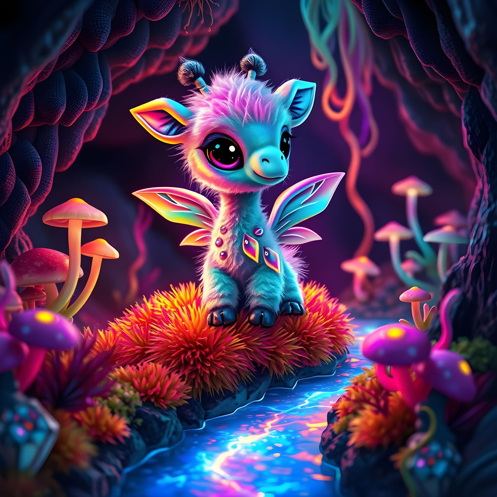 Rainbow Giraffe-Creature in Ethereal Cave