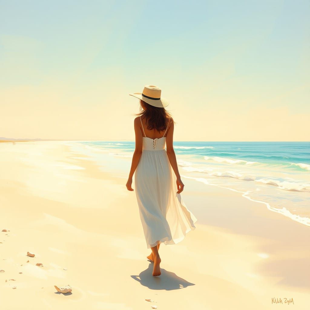 Serene Woman Walks on a Pristine Beach at Dawn