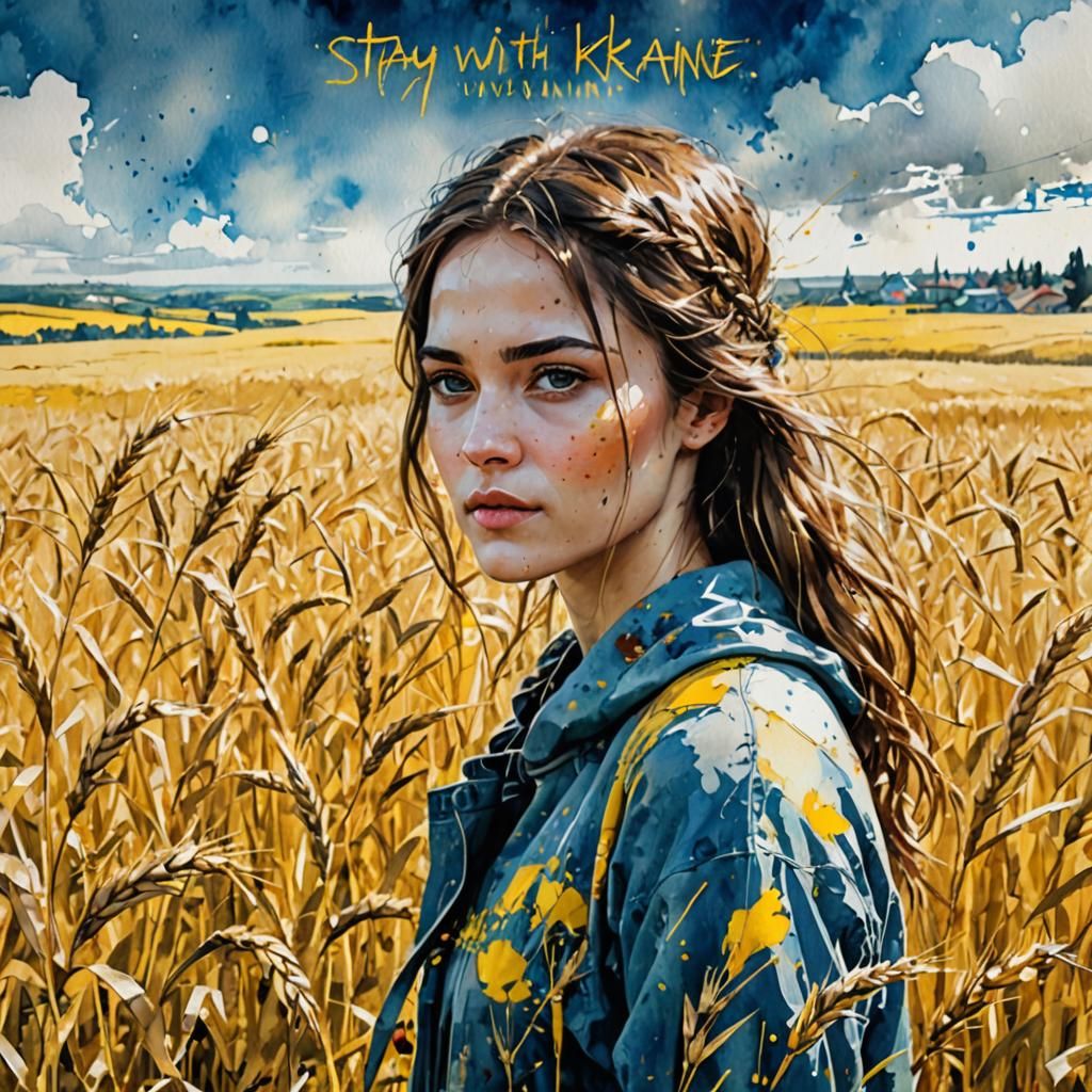 Ukrainian Girl in Wheat Field Watercolor Illustration
