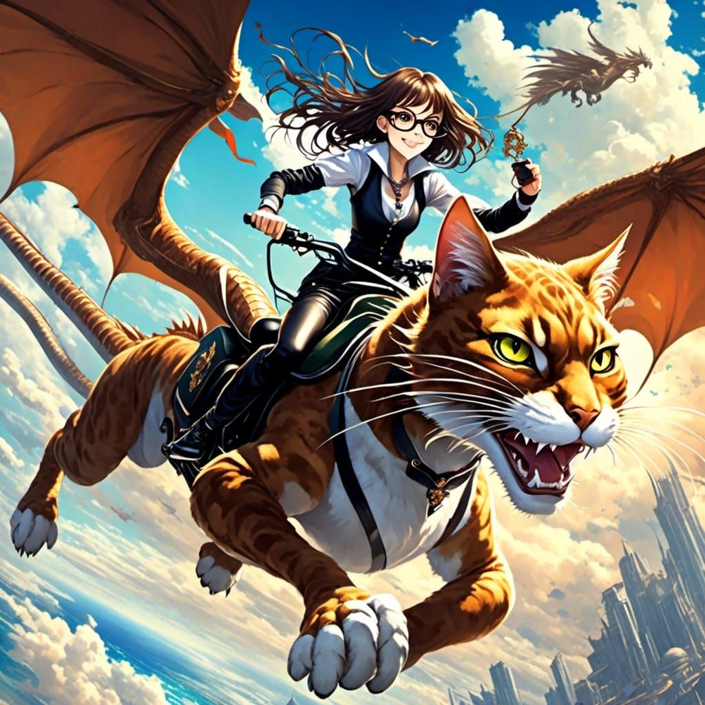Anime Girl on Dragon with Cat, Manga Key Visual