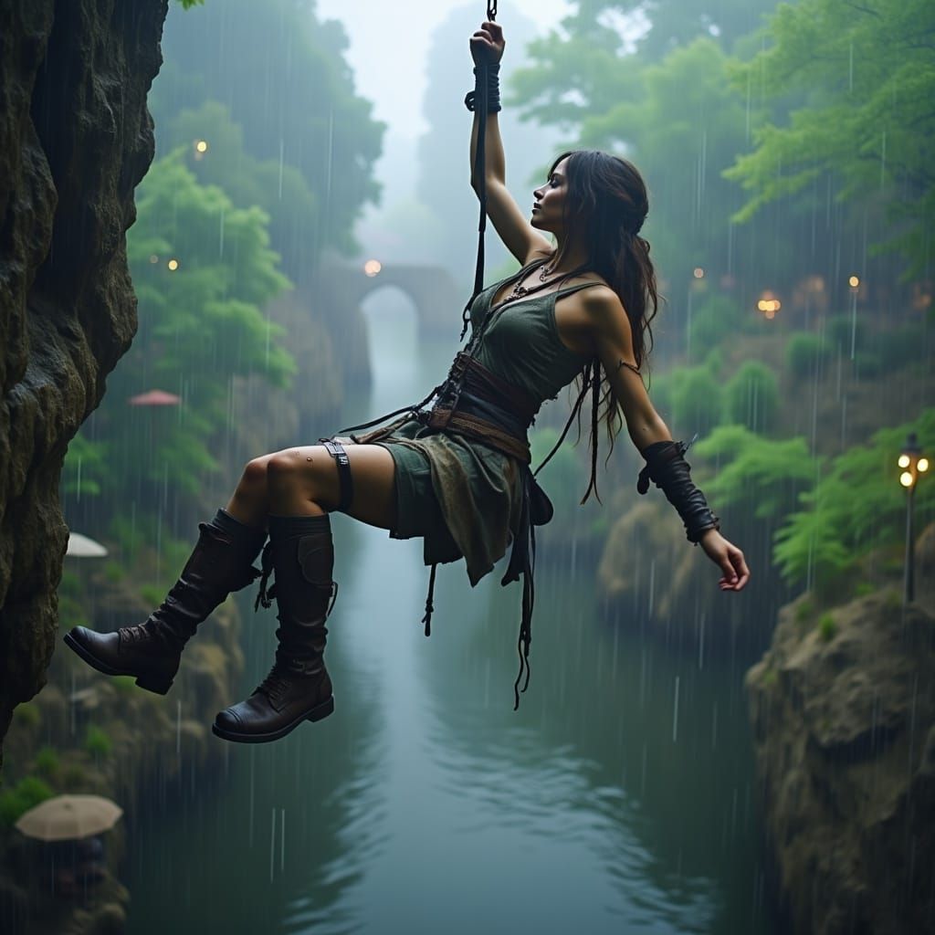 Lara Croft Swinging Over Ravine in Steampunk Style