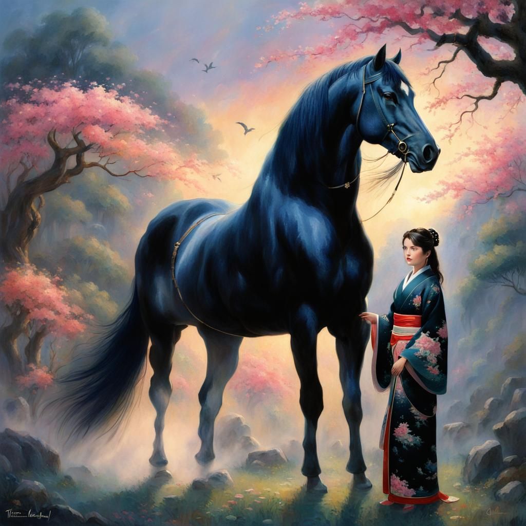 Girl in Kimono with Black Stallion