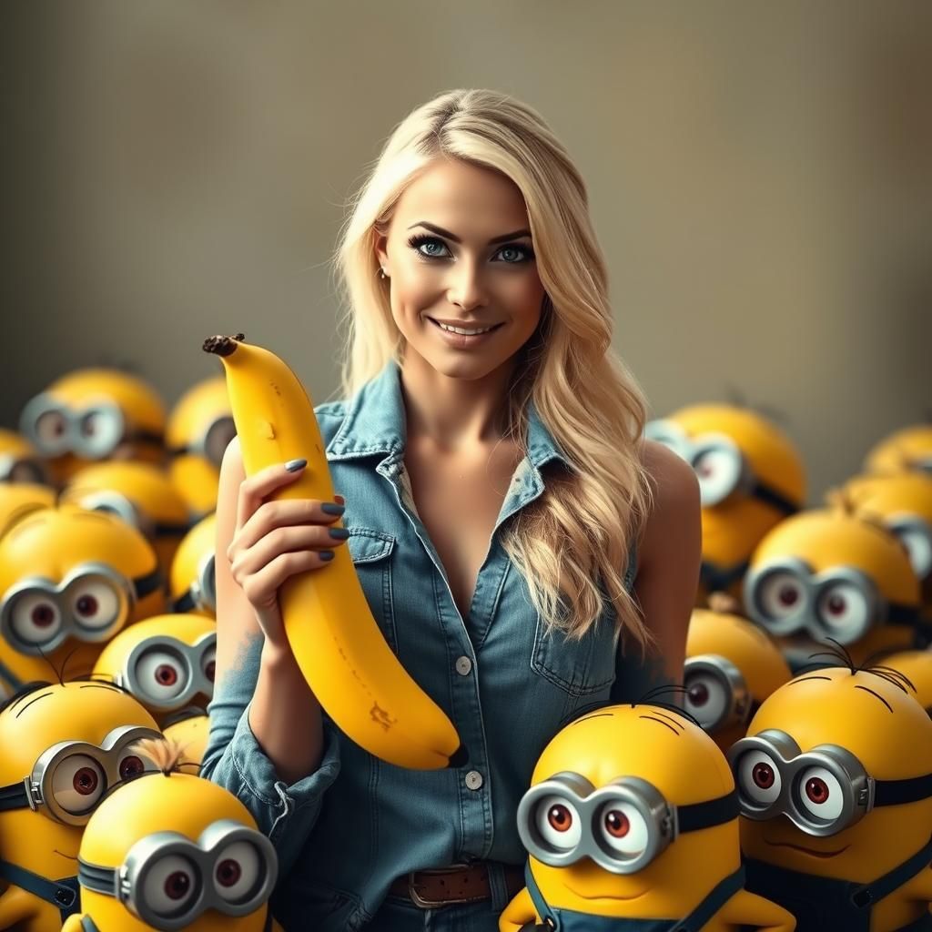 Blonde Woman Surrounded by Minions Holding Banana
