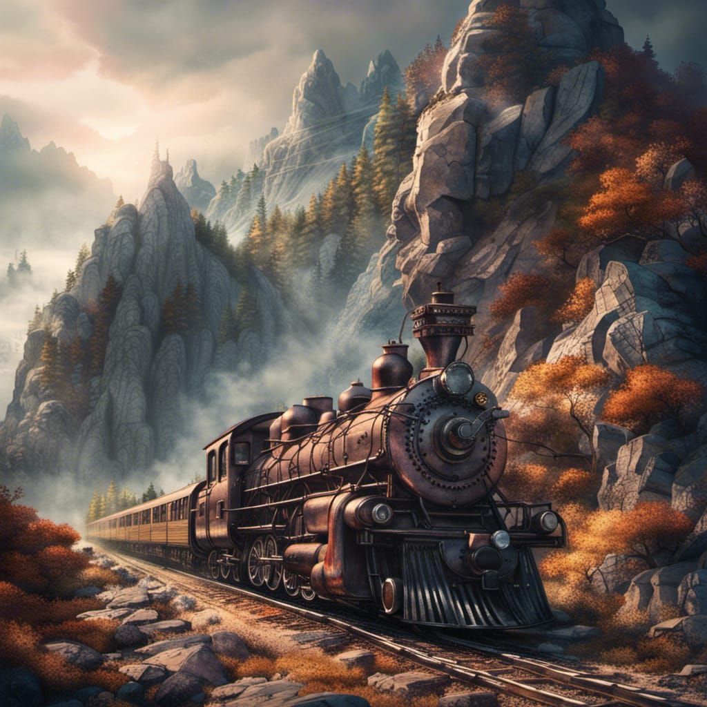 Watercolor Train Journey Through Mountain Landscape