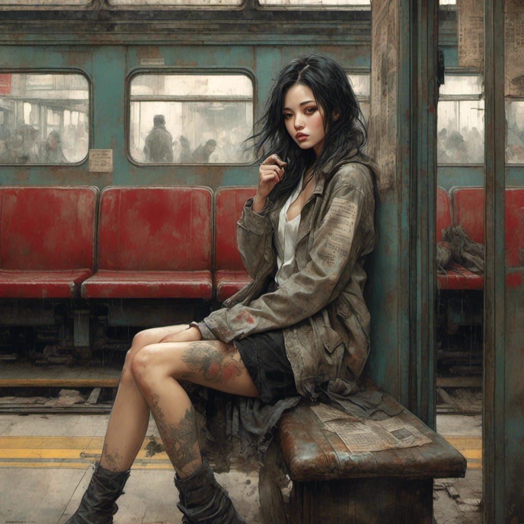 Woman Waits at Train Station in Grunge Style