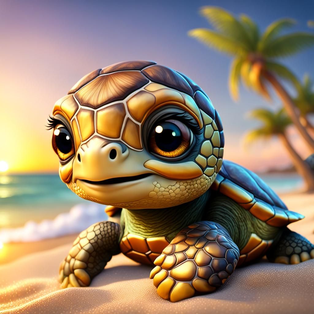 Adorable Chibi Sea Turtle at Sunset in 8k