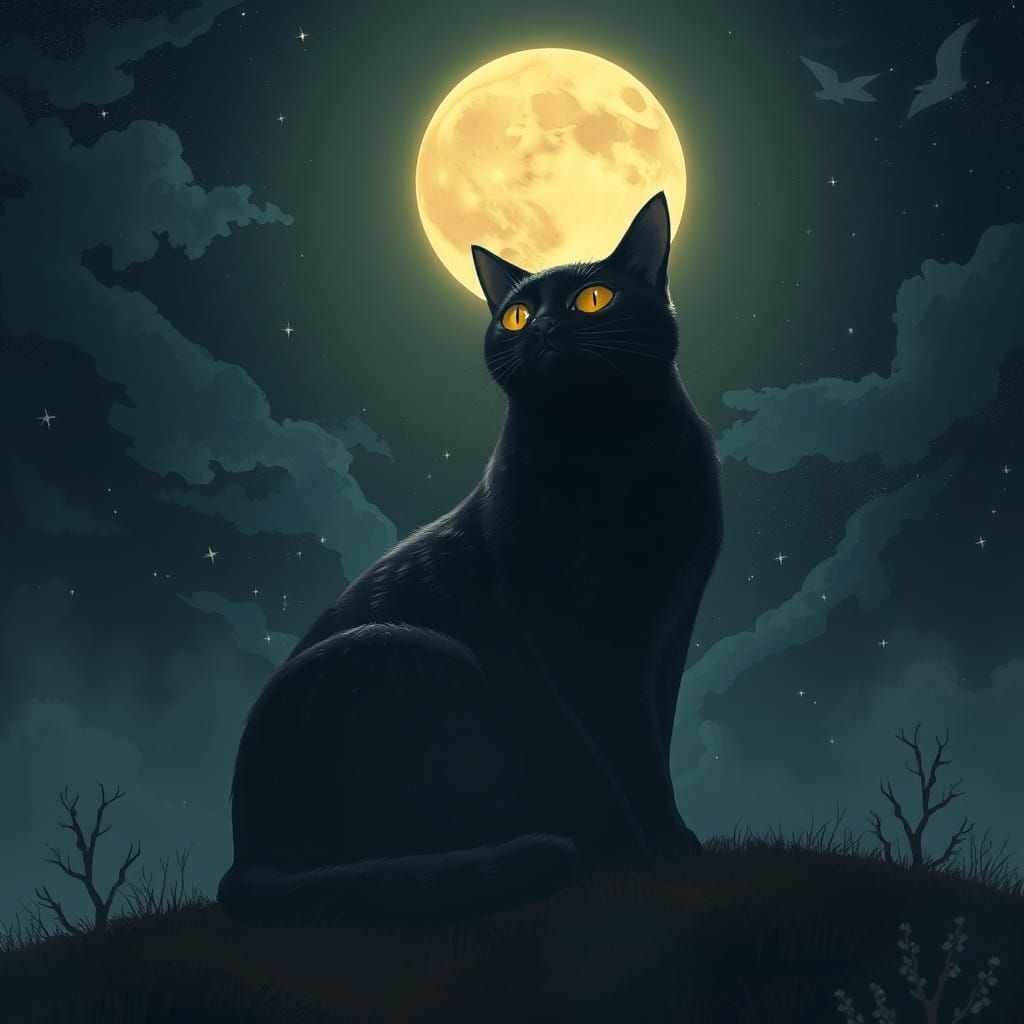 Majestic Giant Black Cat Under Full Moon