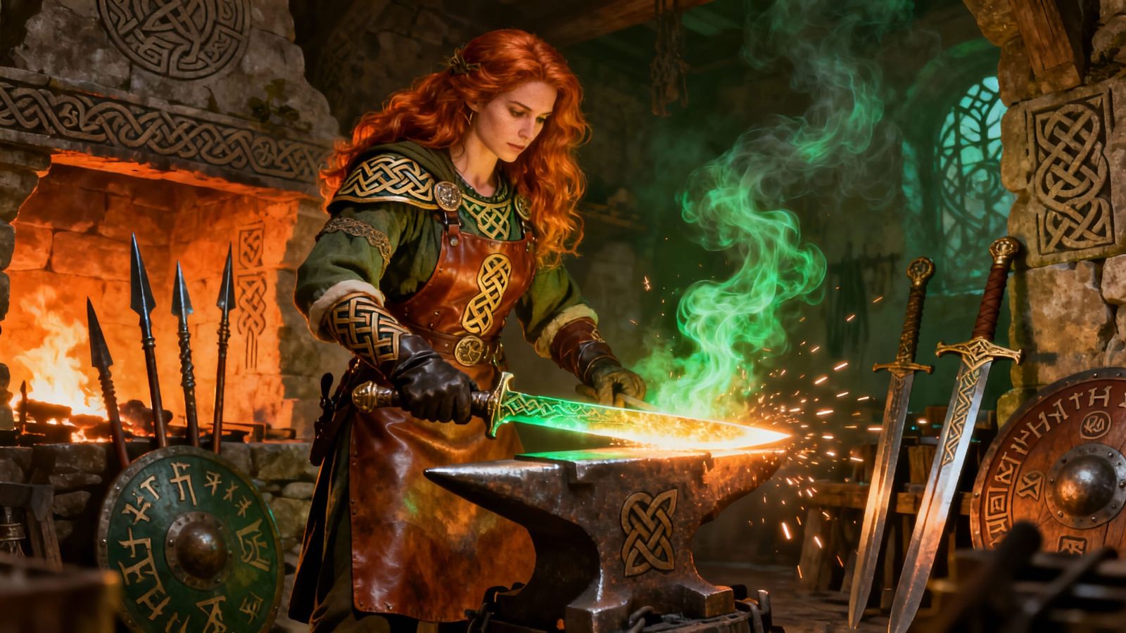 Celtic Goddess Forging Magical Weapon in Mystical Forge