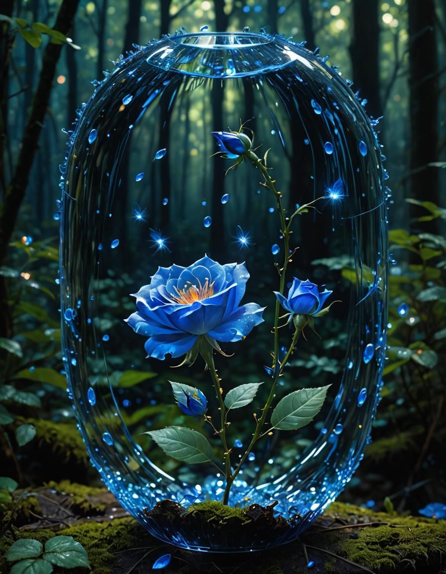 Surreal Blue Glass Rose in Mystical Forest