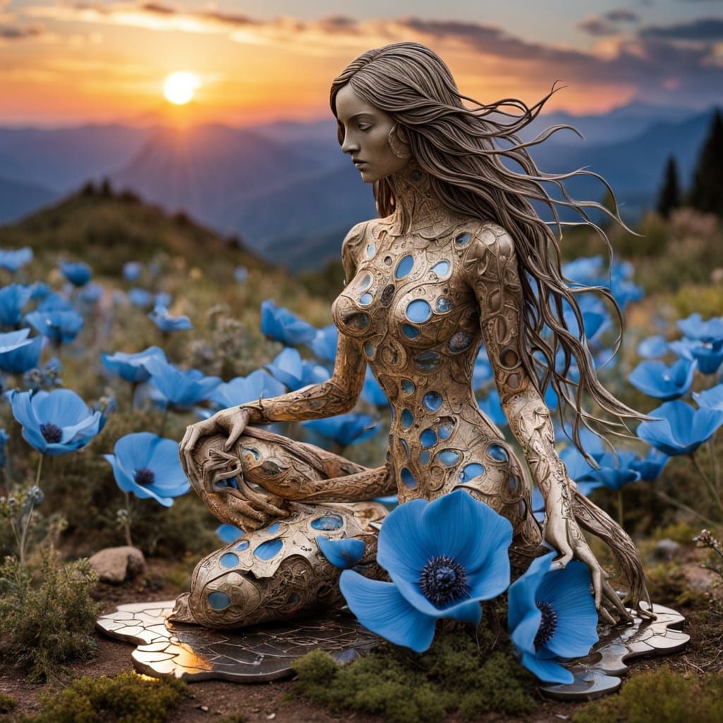 Surreal Sculpture of a Woman Kneeling in Himalayan Blue Popp...