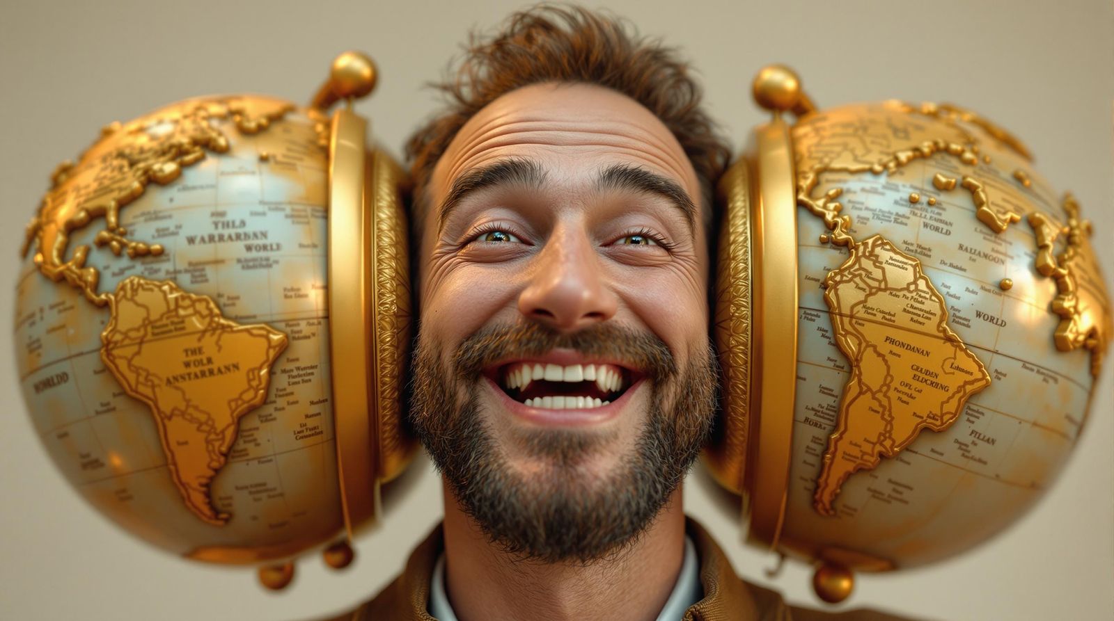 Man Smiling with Giant World Globes as Ears in Intricately D...