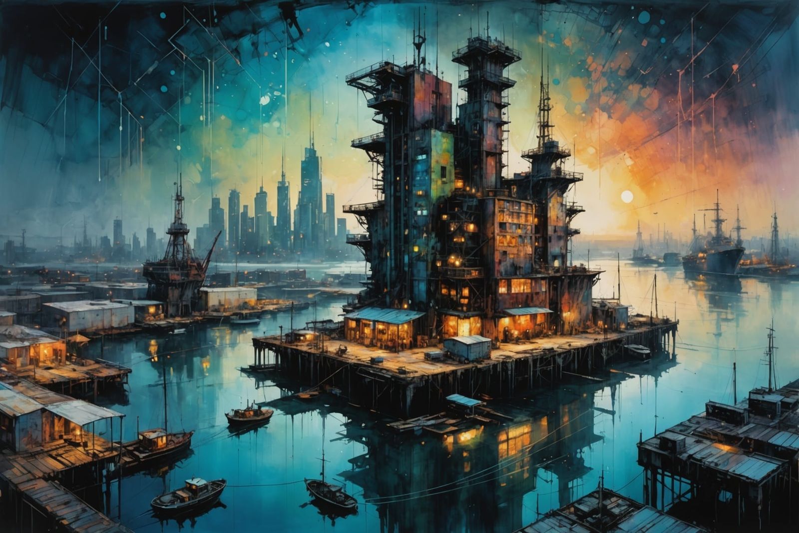 Cyberpunk Metropolis and Industrial Harbor in Watercolor