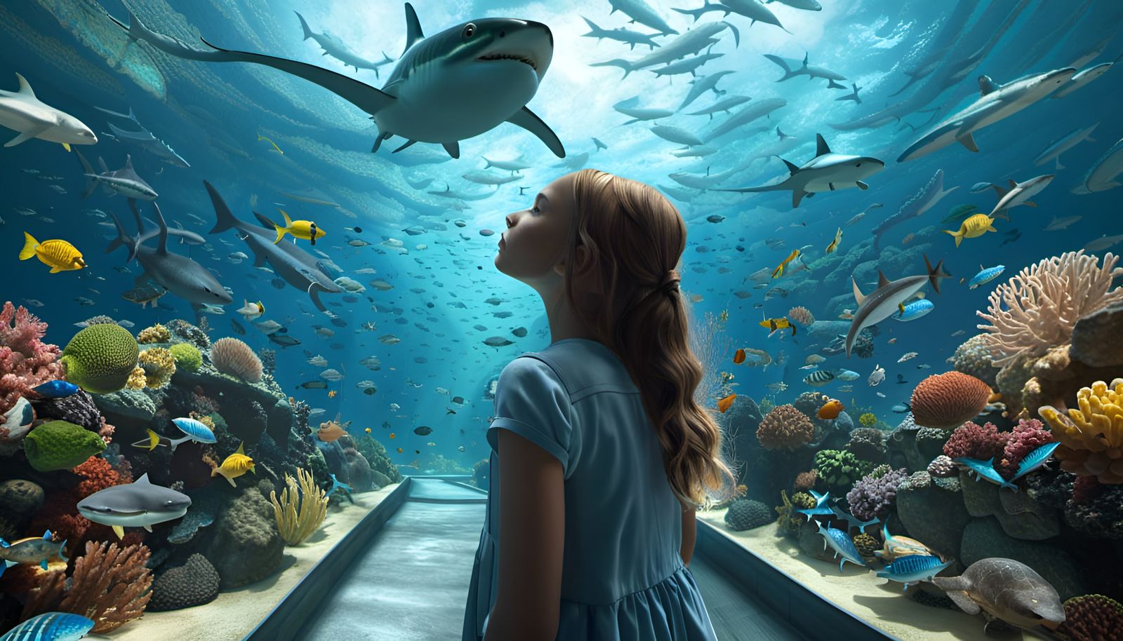 Girl in Aquarium Tunnel Filled with Sea Life