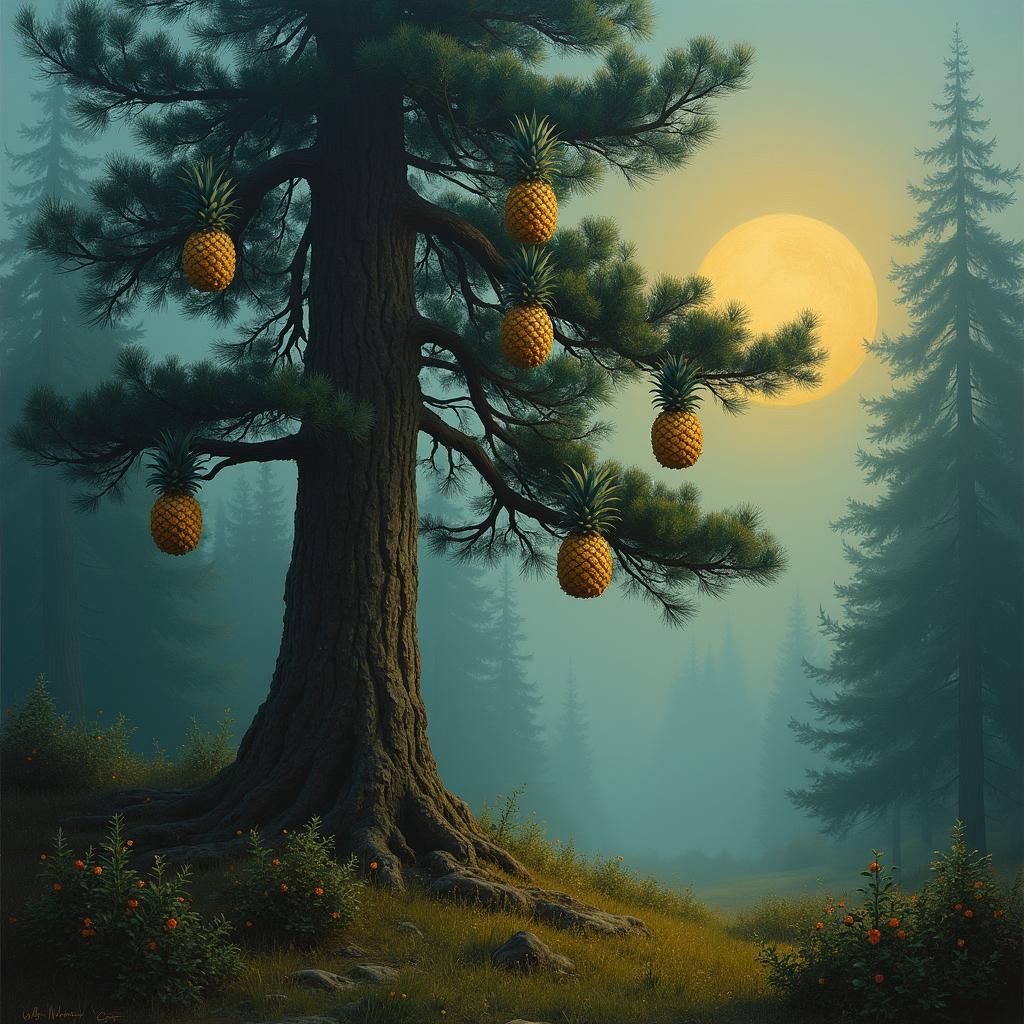 Pine Tree with Pineapples in Misty Forest
