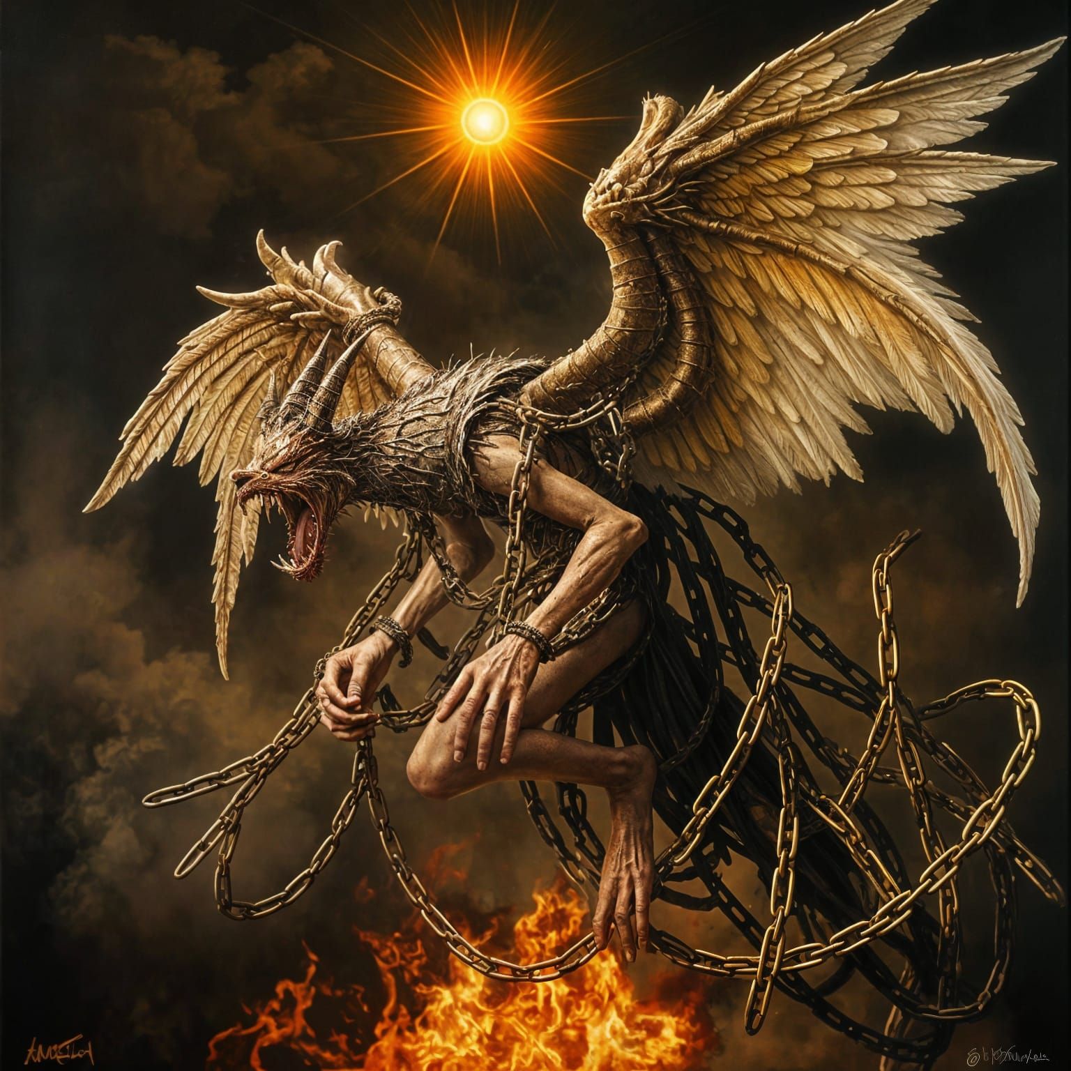 Ethereal Battle Between Light and Dark in a Realistic Oil Pa...