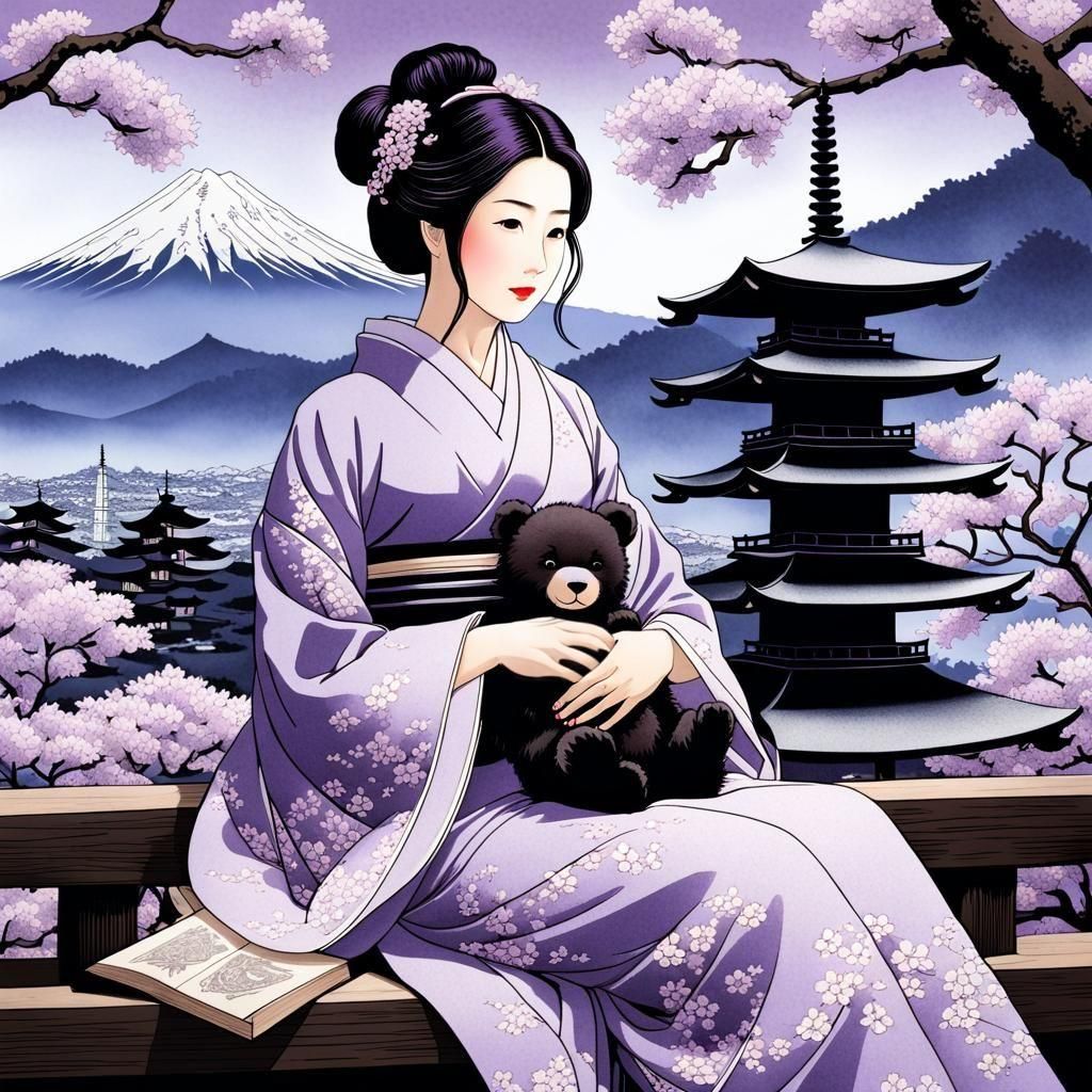 Woman with Teddy Bear in Ukiyo-e Garden