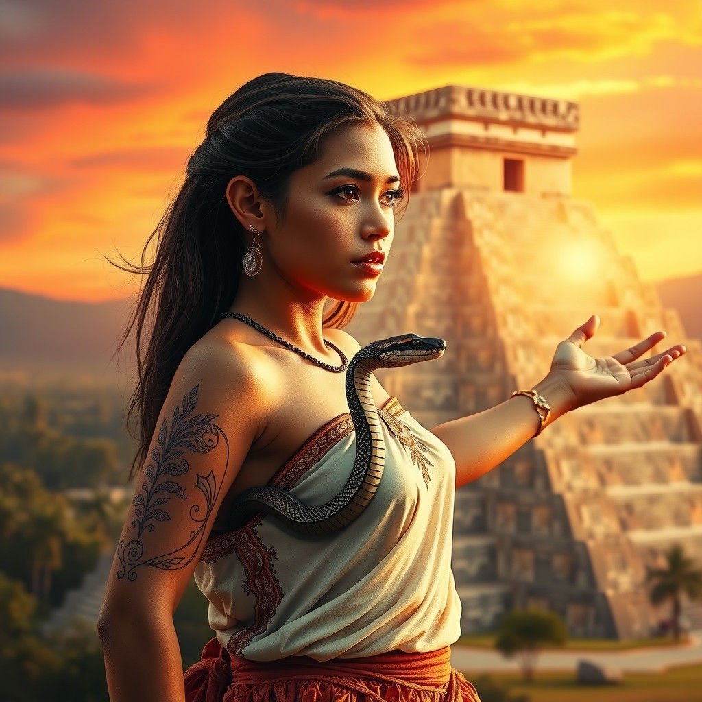 Woman with Living Tattoo at Aztec Temple