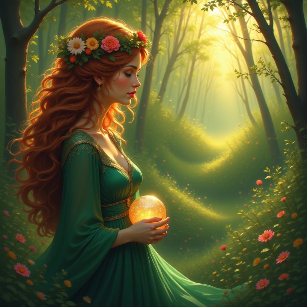 Ethereal Forest Woman with Glowing Orb - Digital Painting