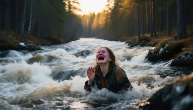 Figure Laughing, Crying on Rapids in Taiga Forest