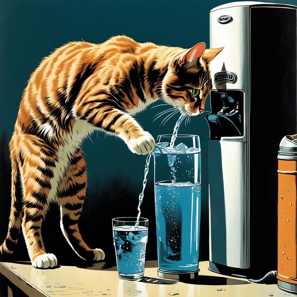 Cat at Water Cooler in Comic Book Style
