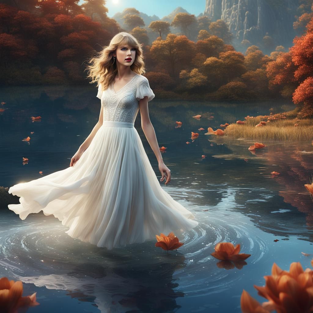 Woman in White Dress in Lake: Fantasy Art