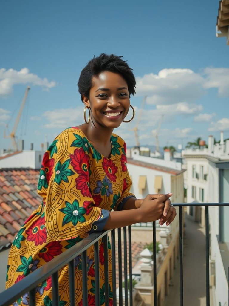 Smiling Nigerian Woman on Sunny Balcony in European Town