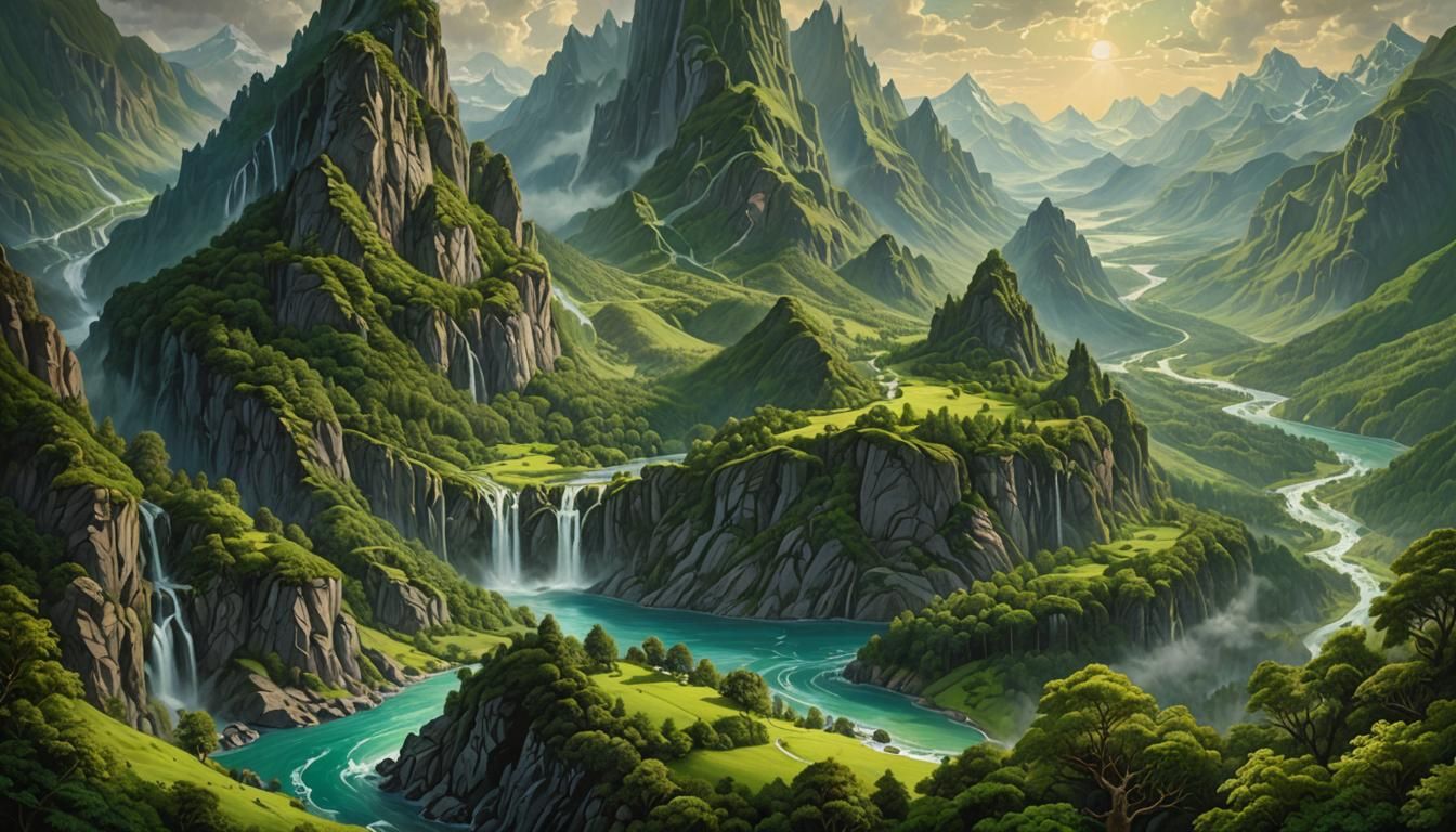 Elven Mountains in Hyperdetailed Oil Painting