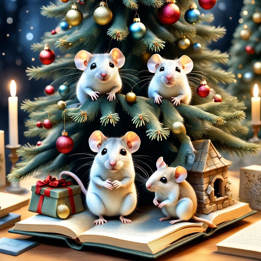 Mice Decorating Christmas Tree in Romantic Style