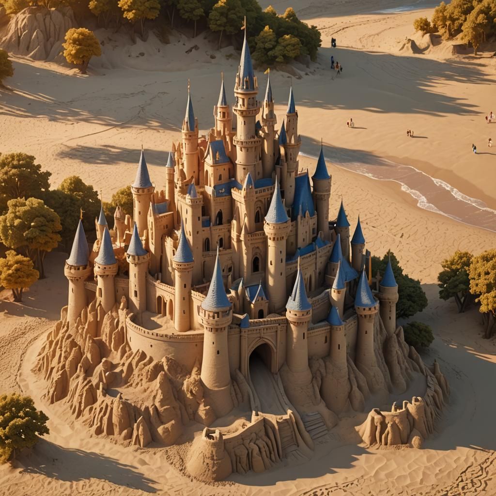 Complex Sandcastle at Sunset in Hyperrealistic Style