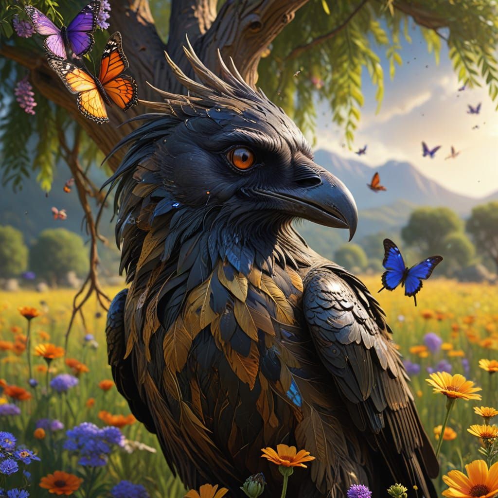 Willow Tree with Raven: Vibrant Oil Painting