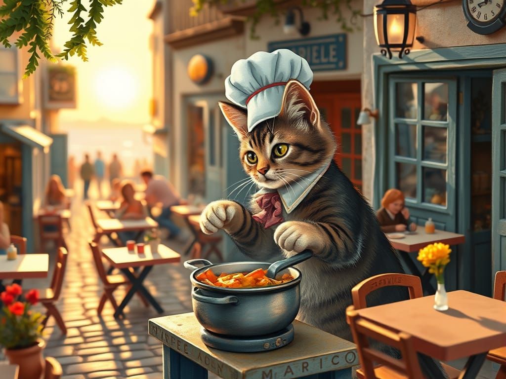 Tabby Cat Chef Cooking in Marseille Restaurant