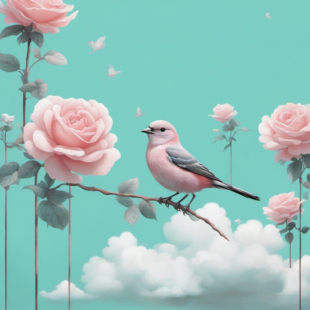 Surreal Cyberpunk Finch Painting With Cloud Magic