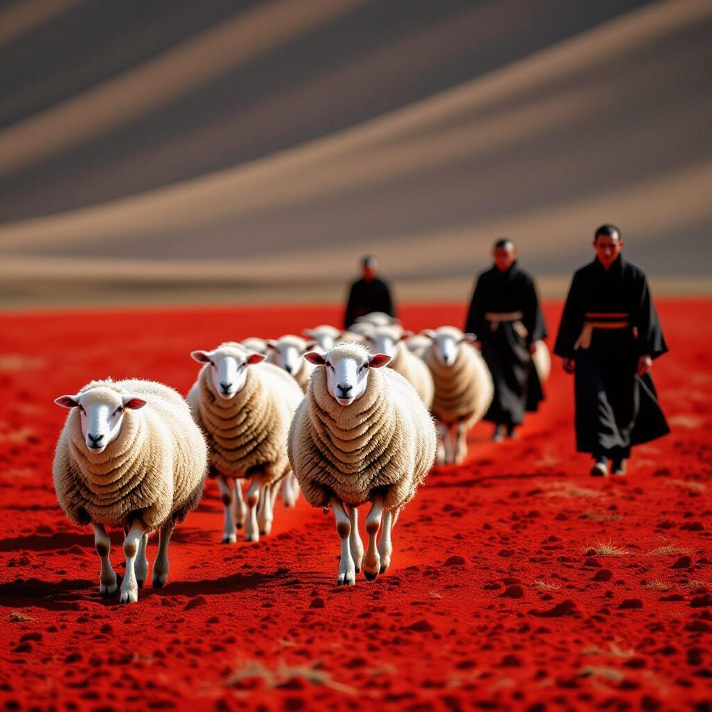 Monks Observe Sheep on Red Ground in Minimalist Style