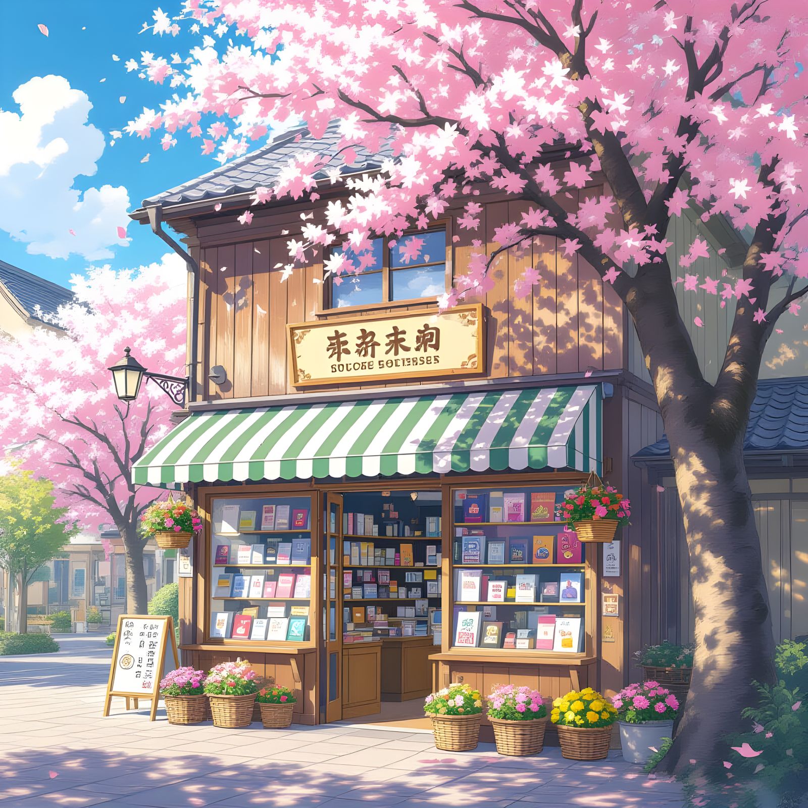 Anime Bookstore Under Cherry Blossom Tree