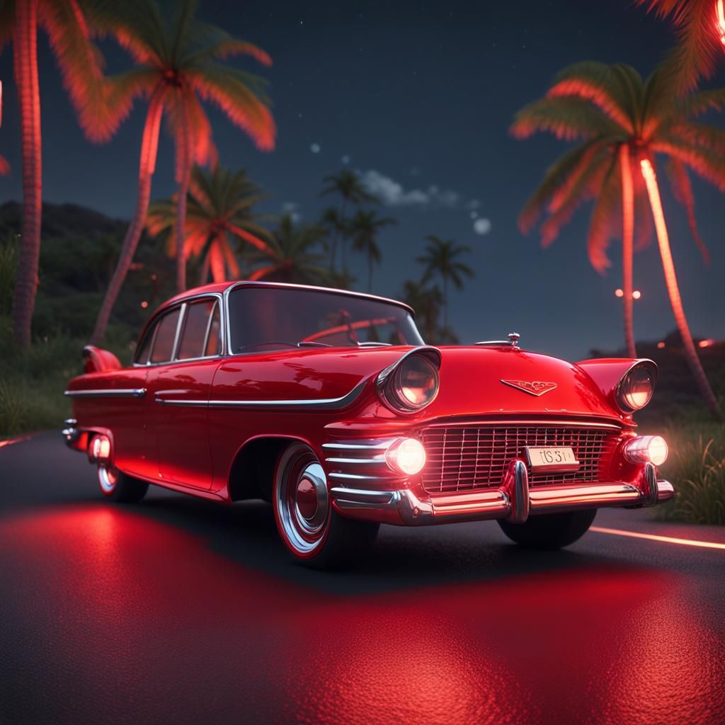 gothic red classic car cruising down a road in a Hawaii island during romantic night