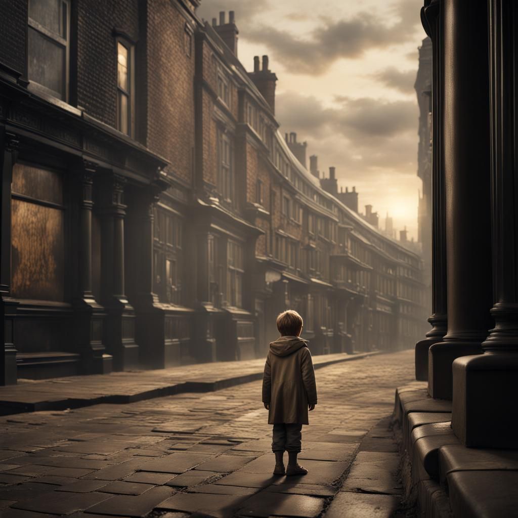 Orphan Child in London: Dramatic Digital Painting