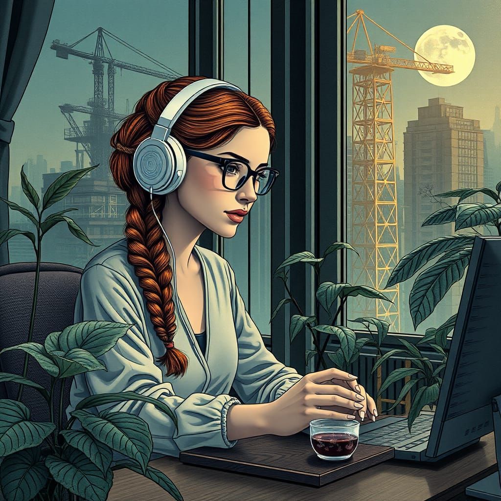 Woman in Bubble Amidst Construction: Cyberpunk Style