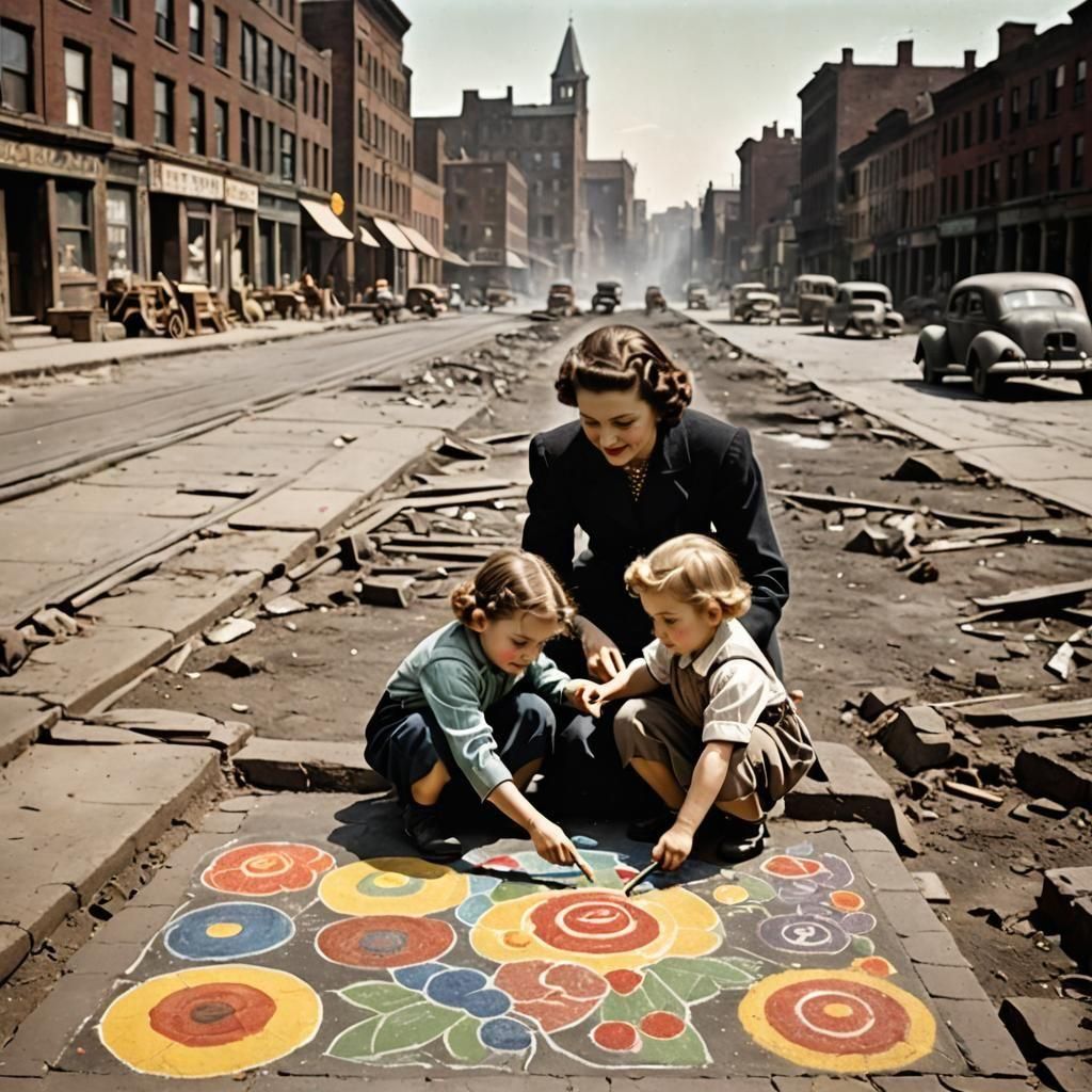 Chalk Art Amidst Ruins: 1940s Mother and Child