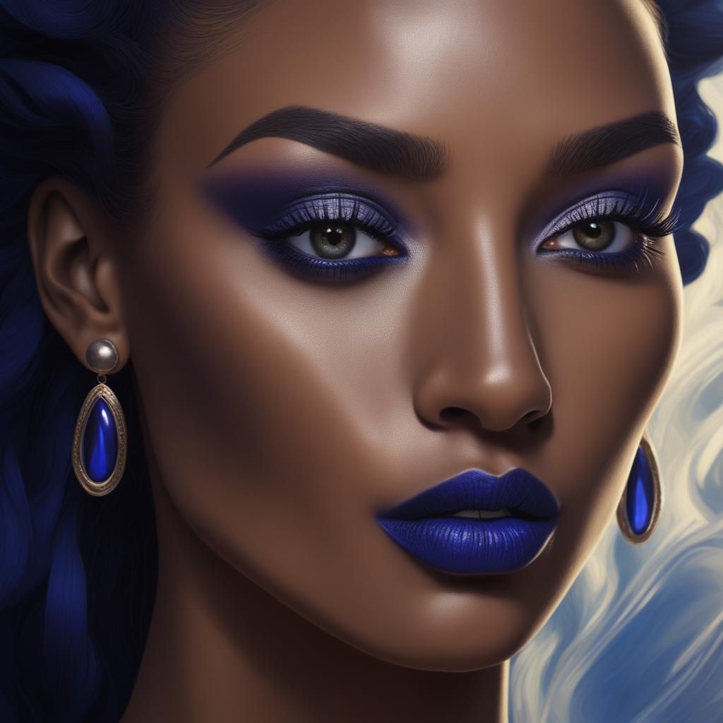 Beautiful African-American woman with long black hair and brown eyes with cobalt blue eyeshadow with cobalt blue eyeline...