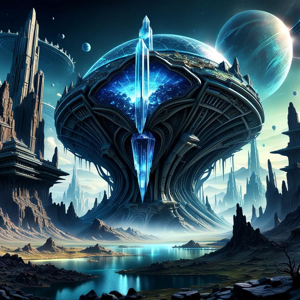 Flying Crystal Megastructure in Alien Landscape