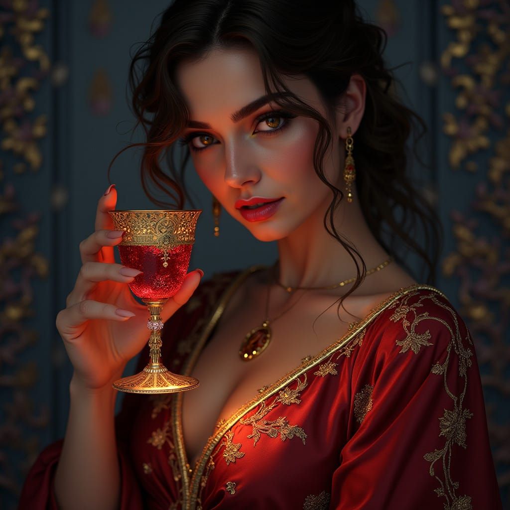 Confident Femme with Ruby Wine, in Art Nouveau Style