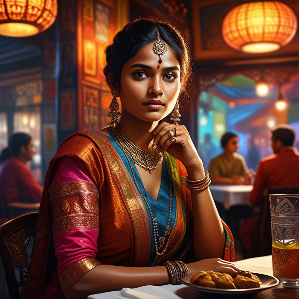 Elegant Indian Woman in Vibrant Oil Painting Style