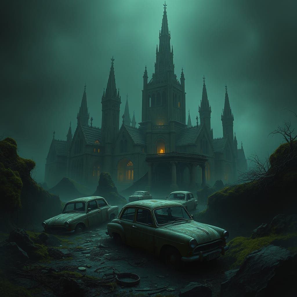 Forgotten City of Eerie, Moss-Covered Ruins in the Abyss