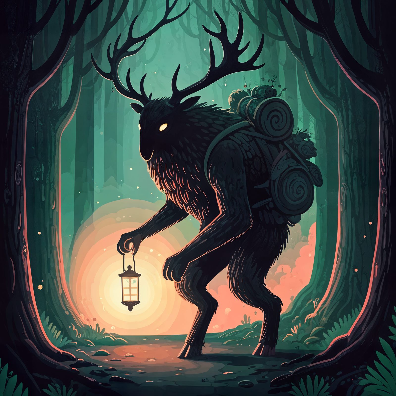 Fantastical Antlered Giant Lights Lanterns in Dark Forest