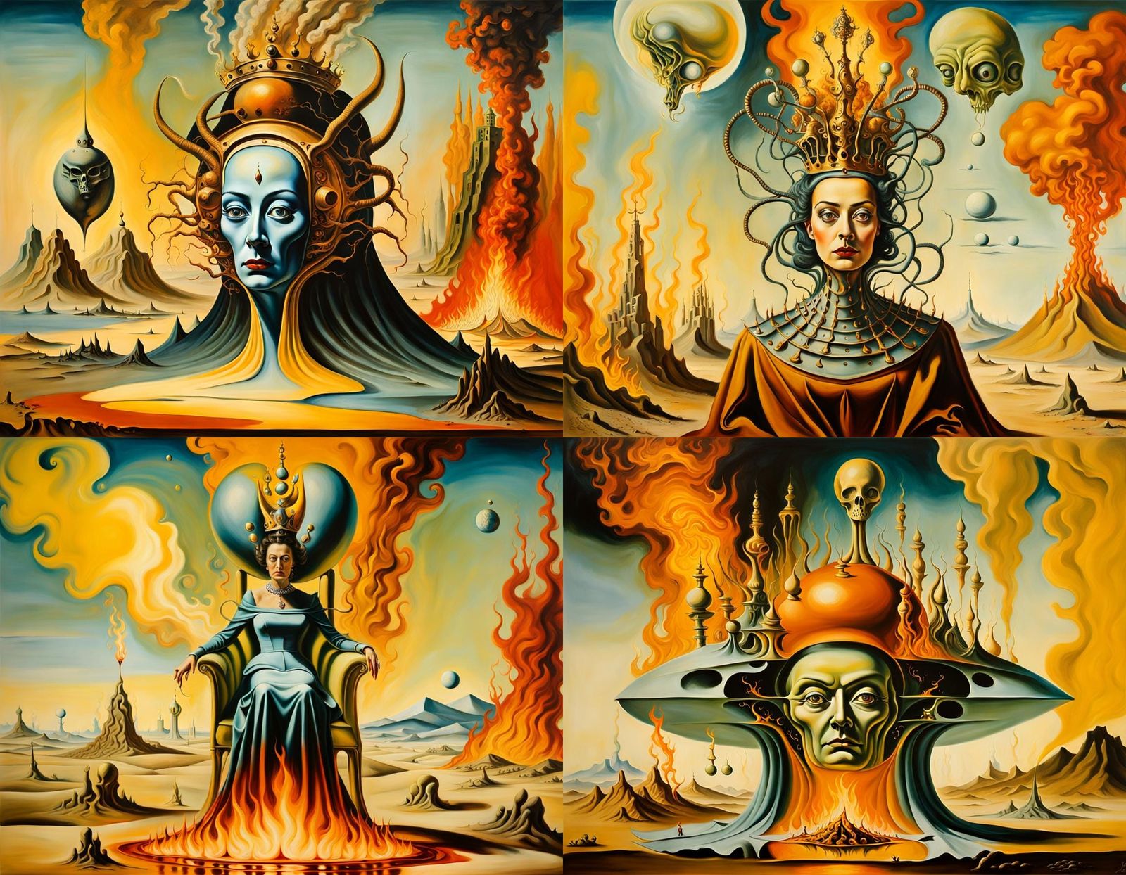 Surreal Queen as Alien in Burning Oil Painting