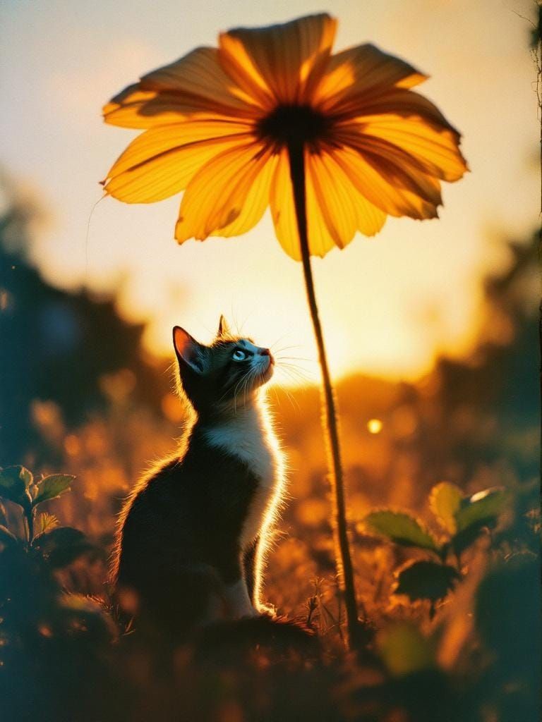 Cat Under Flower in 1970s Americana Style