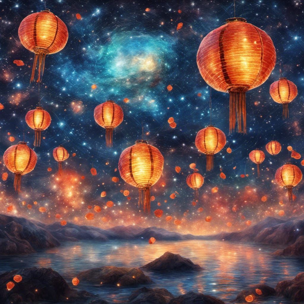 Japanese Lanterns Float in Starry Astral Sky