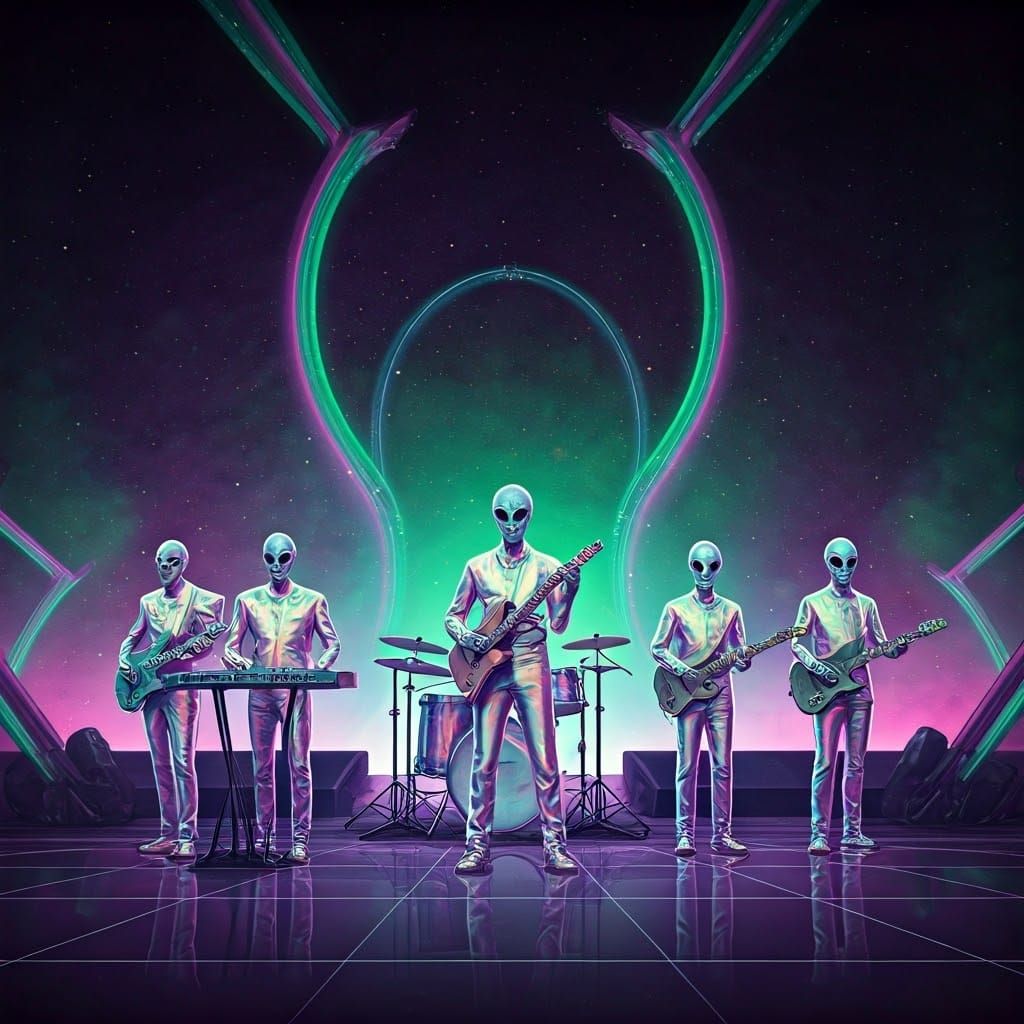 Alien Band Performs Under Swirling Purple Skies on Distant P...