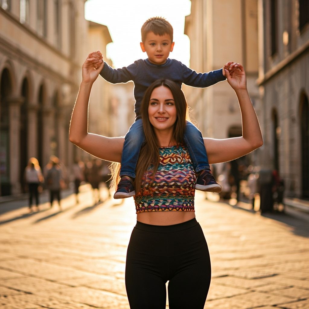 Italian Woman Carries Boy in Sunlit Piazza